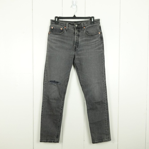 Levi's Premium 501 Skinny Button Fly Denim Jeans Womens SZ 28x28 Gray Distressed - Picture 1 of 16